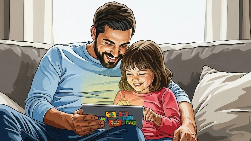 Family laughing together while using a tablet for a creative activity