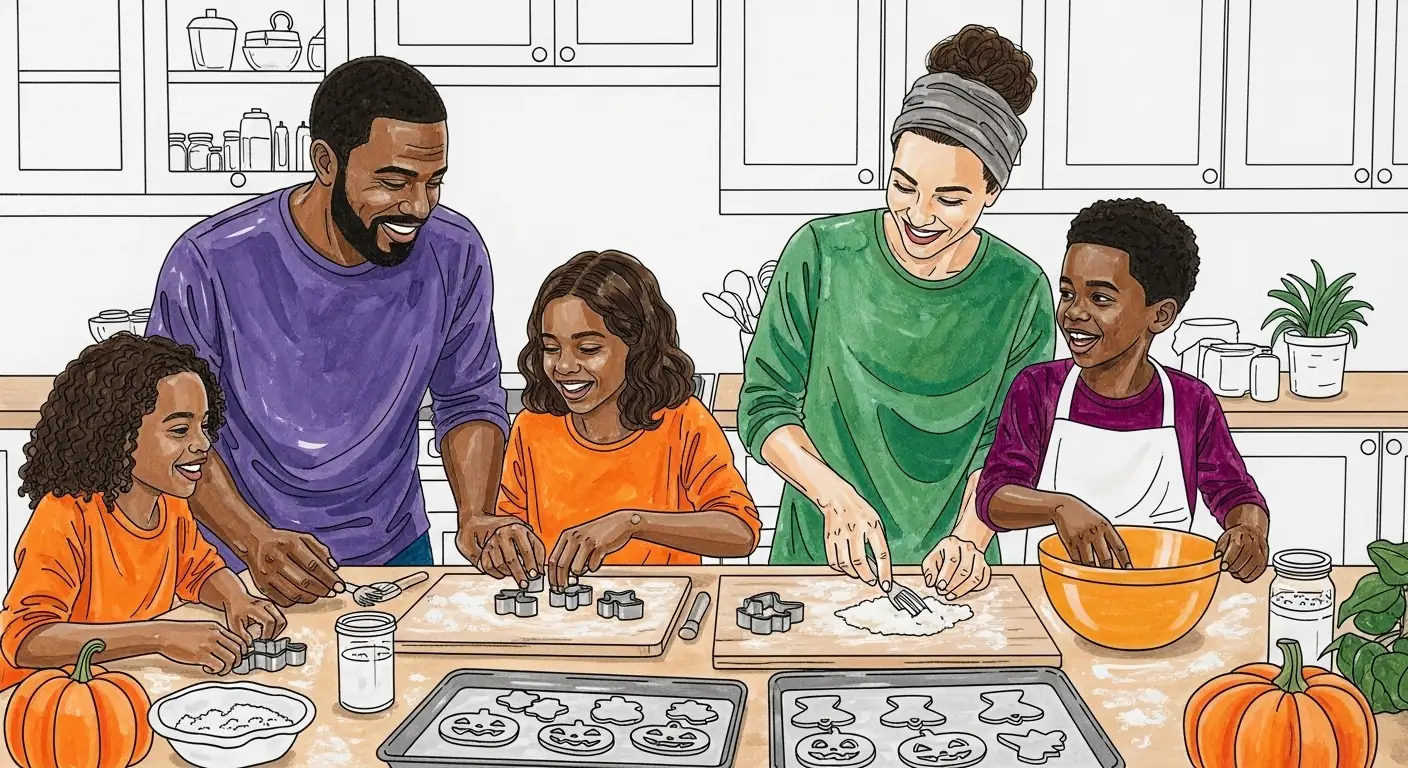 A family carving pumpkins together for a new Halloween tradition