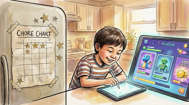 A child happily checking off a chore on a colorful chart.