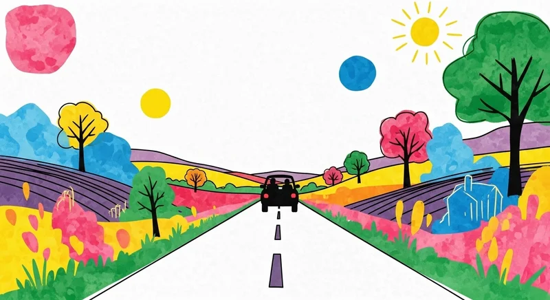 A happy family in a car on a road trip, with kids playing in the back seat.