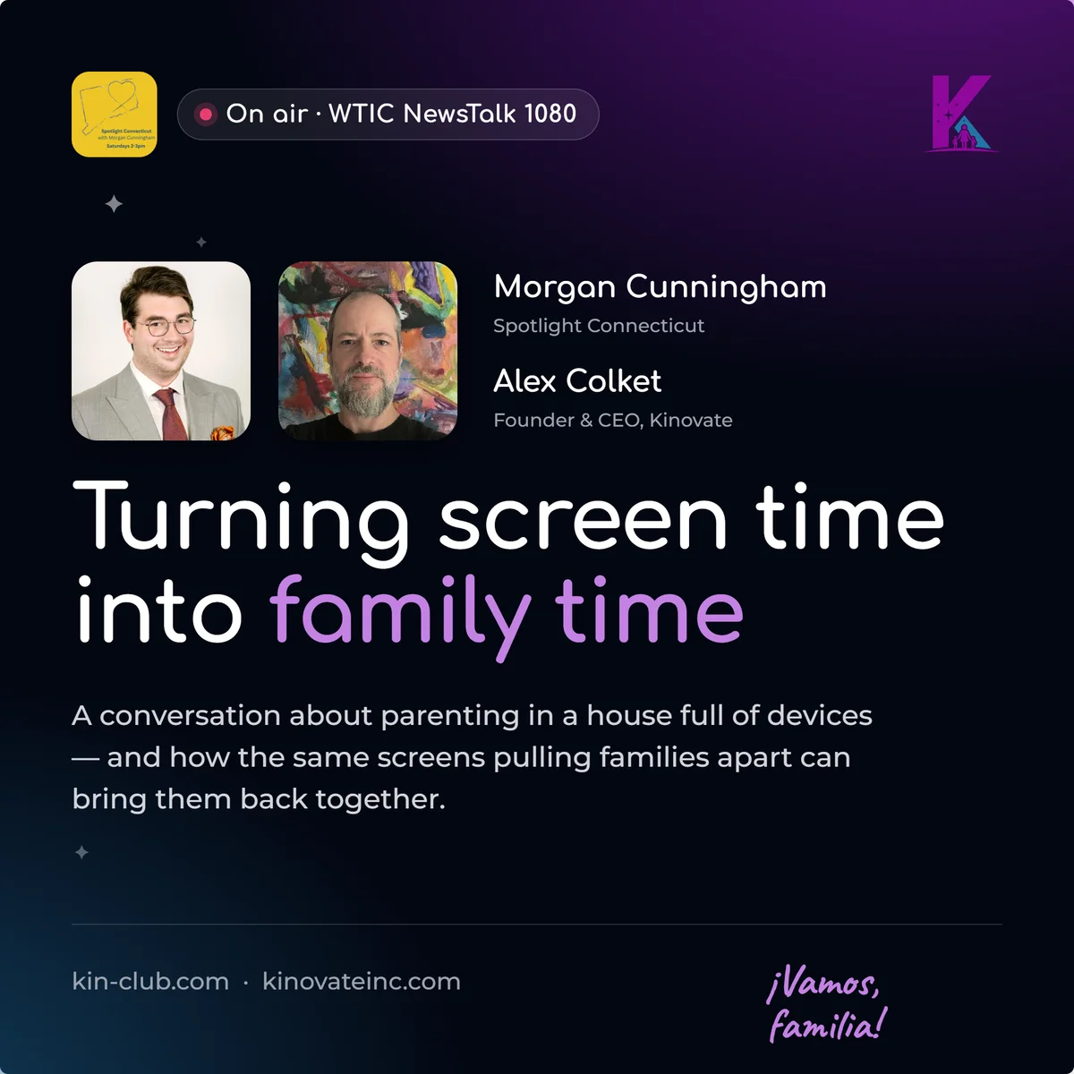 Promo graphic for the Spotlight Connecticut interview featuring Morgan Cunningham and Alex Colket, Founder & CEO of Kinovate